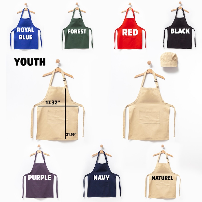May include: A set of 10 youth-sized aprons in various colors, including royal blue, forest green, red, black, purple, navy, and natural. The aprons are 17.32 inches tall and 21.65 inches wide. The aprons have a pocket on the front and adjustable straps.