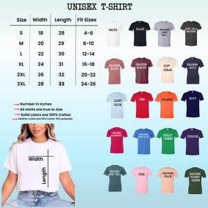 The image is a collage of various t-shirt designs, each with different colors and styles, along with their corresponding sizes and fit information.