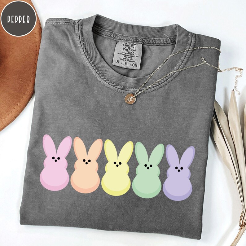 以下が含まれることがあります： 5匹のパステルカラーのウサギのグラフィックが並んだ、濃いグレーのComfort Colors Tシャツ。ウサギはピンク、オレンジ、イエロー、グリーン、パープルです。小さなペンダントが付いたシルバーのネックレスがシャツの上にかけられています。