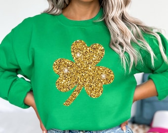 Glitter Effected Shamrock Sweatshirt, Women Glitter Effected Patrick's Day Sweatshirt, St Patricks Day Shirt, Four Leaf Clover Shirt
