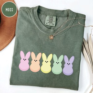 以下が含まれることがあります： モスグリーンのComfort Colors Tシャツ。パステルカラーのウサギのグラフィックが5つ並んでいます。ウサギはピンク、オレンジ、イエロー、グリーン、パープルです。ペンダント付きのゴールドネックレスがシャツの上にかけられています。