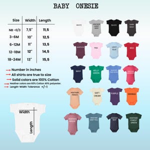 The image is a collection of baby onesies in various colors and sizes, along with a table providing size and width information.