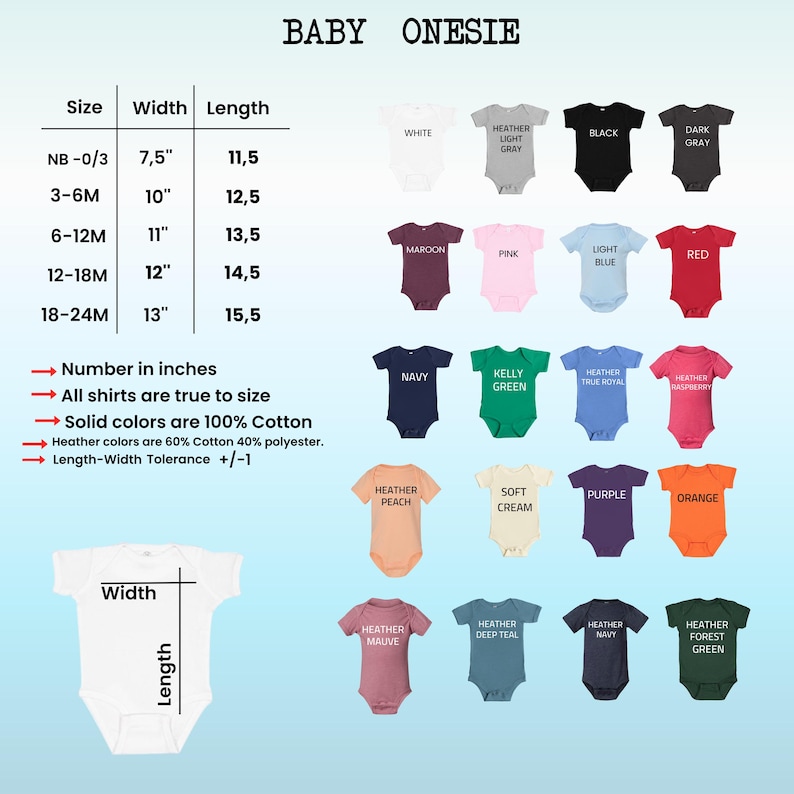 The image is a collection of baby onesies in various colors and sizes, along with a table providing size and width information.