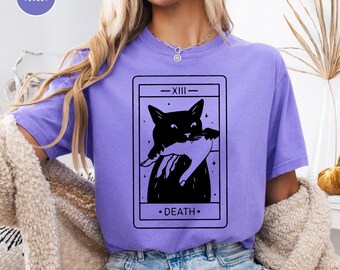 Comfort Colors® Tarot Card Black Cat Shirt, Witchy Cat Shirt, Spooky Cat Gift, Halloween Black Cat Shirt,Cat Lover Gift, Tarot Death T-Shirt
