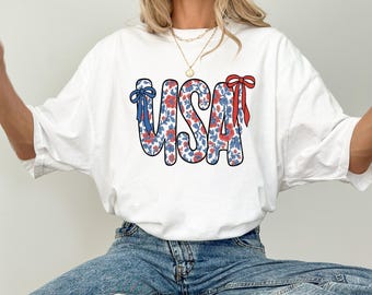 Comfort Colors Coquette USA Shirt: Floral Patriotic 4th of July Tee