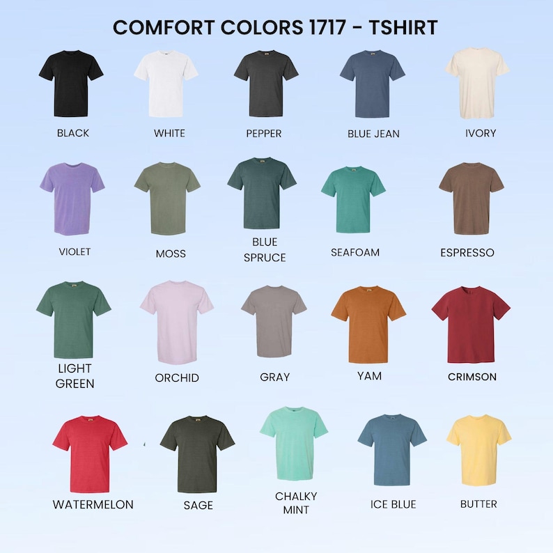 a collection of 17 different t-shirt colors, including black, white, pepper, blue jean, ivory, purple, moss, sea foam, espresso, light green, orchid, gray, yam, salmon, cranberry, watermelon, and others.