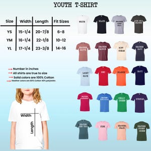 The image is a collage of various youth t-shirt designs, including different sizes, widths, and fits, along with the corresponding t-shirt colors and styles.