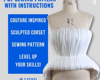 Sculpted Korsett Schnittmuster | Chiffon Drapierung im Couture Design (PDF) in 7 Größen