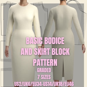May include: A white dress form wearing a white dress with long sleeves. The dress form is standing on a white background. The text "BASIC BODICE AND SKIRT BLOCK PATTERN GRADED 7 SIZES US2/UK6/EU34-US14/UK18/EU46" is printed in pink on the background.