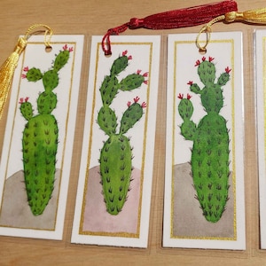Witziges botanisches Wasserfarben Lesezeichen, grüner Kaktus, Feigenkaktus, vollständig laminiert, einzigartiges Geschenk für Buch- und Pflanzenliebhaber