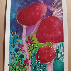 Pittura con tecnica mista, vivaci funghi psichedelici in una foresta magica, opera d'arte originale con accenti metallici, dipinta a mano e regalo unico