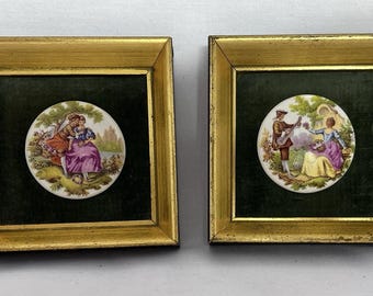 Cameo B&S Creations Framed Fragonard&#39;s Love Story Porcelain Cameo set of 2 VTG