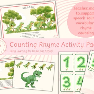 Peut inclure: Un pack d'activités de comptine avec des illustrations de dinosaures verts et d'arbres. Le pack comprend des cartes avec les chiffres 1 à 5, et le texte "5 Little T-Rex". Le texte dit aussi "Teacher made to support: speech sounds vocabulary rhyme counting."