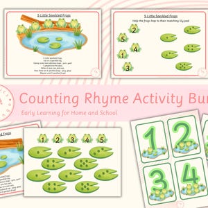 Peut inclure: Un ensemble d'activités de comptage avec des illustrations de grenouilles et de nénuphars. Le texte comprend "5 Little Speckled Frogs" et "Counting Rhyme Activity Bundle". Les images présentent des grenouilles vertes, des nénuphars et des chiffres.