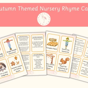 May include: Eight autumn-themed nursery rhyme cards with illustrations of a squirrel, hedgehog, scarecrow, and pumpkins. The cards feature titles like "Oh The Fluffy Little Squirrel" and "Autumn Leaves are Falling Down."