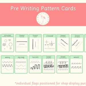 May include: Set of pre-writing pattern cards featuring various shapes and lines, including dots, circles, and zigzags. The cards are designed with a light green border and white background, with the text "Pre Writing Pattern Cards" at the top.