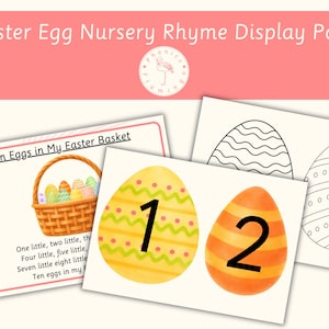 Può includere: Un pacchetto di display di filastrocche pasquali con carte che mostrano illustrazioni di uova di Pasqua colorate e il testo "Ten Eggs in My Easter Basket". Include uova numerate e disegni al tratto da colorare.