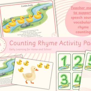 Peut inclure: Un pack d'activités de comptine pour l'apprentissage précoce. L'image présente des illustrations de canards jaunes, une scène de rivière et des cartes de chiffres. Le texte comprend "5 Little Ducks" et "Counting Rhyme Activity Pack".