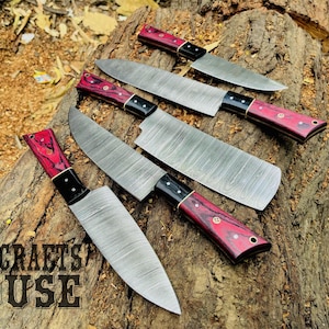 Personalized Hand Forged Damascus Chef Set | Damacus {{Kitchen Knives-5Pcs}} Chef Set | GROOMSMAN Gift | ANNIVERSARY Gift | CHRISTMAS Gift