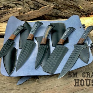 Personalized Hand Forged Damascus Chef Set | Damacus {{/Kitchen Knives-5Pcs}} Chef Set | GROOMSMAN Gift | ANNIVERSARY Gift | CHRISTMAS Gift