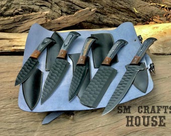 Personalized Hand Forged Damascus Chef Set | Damacus {{/Kitchen Knives-5Pcs}} Chef Set | GROOMSMAN Gift | ANNIVERSARY Gift | CHRISTMAS Gift