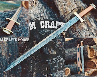 Ideal Gift For Men, Viking Round Handle Damascus Sword, Hand Forged Sword, Long Sword, Swords, Real Sword, Gift for Groomsmen, Wedding gifts