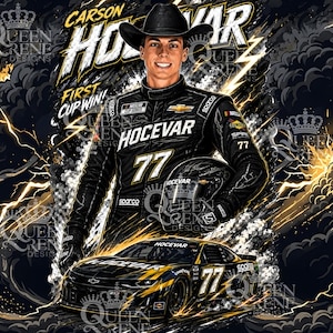 May include: Digital art print featuring Carson Hocevar in a black racing suit and cowboy hat, holding a helmet. The image includes a race car with the number 77 and the text "FIRST CUP WIN!" in a dynamic, artistic style.