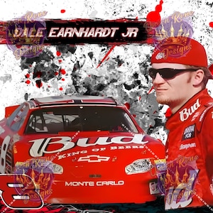 May include: A red race car with the number 8 on the side and the words "Bud King of Beers" and "Monte Carlo" on the front. The car is on a white background with red and black splatters. A man wearing a red racing jacket with the word "Bud" on the back is standing to the right of the car.