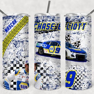 Chase Elliott Nascar Fan favorite 20 oz stainless steel tumbler with sliding lid, silicone bottom and 2 straws.