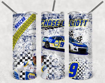 Chase Elliott Nascar Fan favorite 20 oz stainless steel tumbler with sliding lid, silicone bottom and 2 straws.