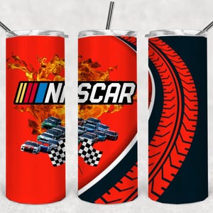 NASCAR 20 oz stainless steel tumbler with sliding lid, 2 straws & silicone bottom.  NASCAR cup series