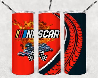 NASCAR 20 oz stainless steel tumbler with sliding lid, 2 straws & silicone bottom.  NASCAR cup series