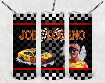 Joey Logano 20 oz stainless steel tumbler with 2 straws, silicone bottom, sliding lid.  NASCAR CUP SERIES chamption