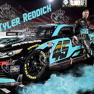 May include: A blue and black racing car with the number 45 on the side. The car is covered in sponsor logos, including GEICO, Goodyear, and Sunoco. The driver, Tyler Reddick, is standing next to the car.