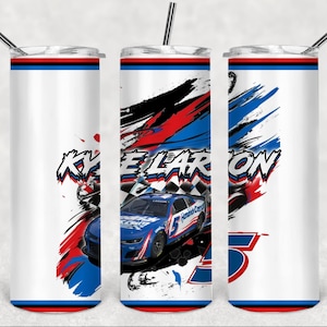 Kyle Larson 20 oz Stainless Steel Tumbler with sliding lid, 2 straws and silicone bottom. NASCAR great race car driver 2024