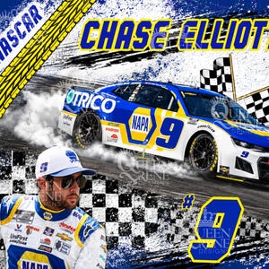 May include: A graphic print featuring NASCAR driver Chase Elliott wearing a white and blue racing suit with sunglasses and a cap. A blue and white number 9 race car drifts on a track with smoke, checkered flags, and the text NASCAR and CHASE ELLIOTT.