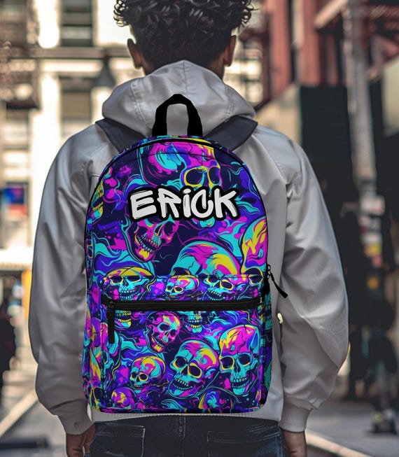 Personalized Backpack Neon Skull, Custom Name Bookbag, Dark  display picture 3