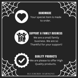May include: A black and white graphic with text that reads "HANDMADE", "SUPPORT A FAMILY BUSINESS", and "QUALITY PRODUCTS". The image includes a heart, family icon, and checkmark. The text "BLUEBERRY HARMONY" is at the bottom.
