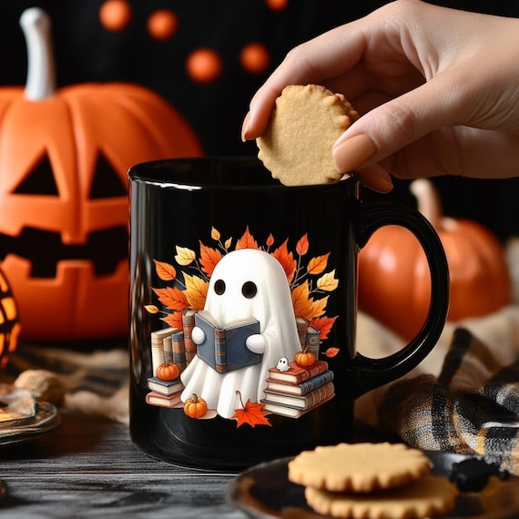 Personalized Ghost Reading Black Ceramic Mug | Spooky Coffee Cup | Bookish Halloween Ghost Mug | Book Lover Ghost Gift | Haunted Library Mug