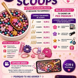 May include: A promotional graphic for Les Surprises de Mélanie Mystery Scoops featuring a white bowl filled with colourful metallic beads and a gold scoop. The layout includes pricing for multiple scoops, prize icons, and text in French.