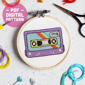 DIGITAAL PATROON | Mixtape-kruissteekpatroon jaren 90 – kruissteekkaart retro cassettetape – direct downloaden voor doe-het-zelfstiksels