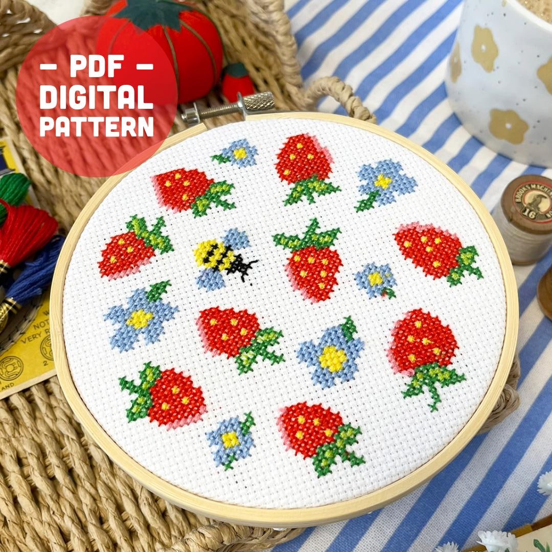 イチゴのクロスステッチ図案｜かわいいフルーツ刺繍（デジタル