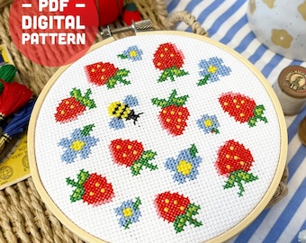 イチゴのクロスステッチパターン、簡単なフルーツ刺繍デザイン