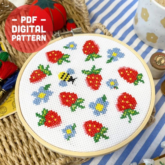 イチゴのクロスステッチ図案｜かわいいフルーツ刺繍（デジタル