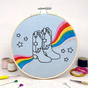 EMBROIDERY KIT | Rainbow Cowboy Boot Embroidery Kit – DIY Western Stitching Project - Cowgirl Embroidery Kit gift for her