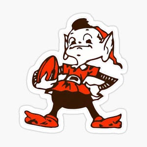 May include: A sticker featuring a cartoon elf in a football uniform, holding a brown football. The elf has a white face, large ears, and is wearing a red and brown outfit. The sticker has a white border.