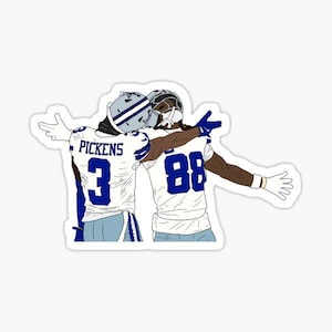 May include: A sticker featuring an illustration of two football players in white and blue uniforms. One player wears the number 3 and the name "PICKENS", while the other wears the number 88. They are embracing with arms outstretched.