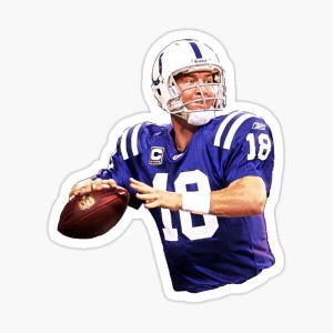 May include: A sticker featuring a football player in a blue and white uniform, helmet, and holding a football. The player is wearing the number 18. The sticker has a white border.