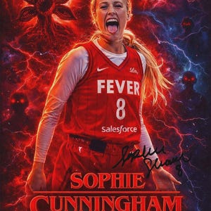May include: A digitally enhanced image featuring a basketball player in a red Fever jersey with the number 8. The background is a fiery red with lightning effects and a Demogorgon-like creature. The player's name, Sophie Cunningham, is displayed prominently.