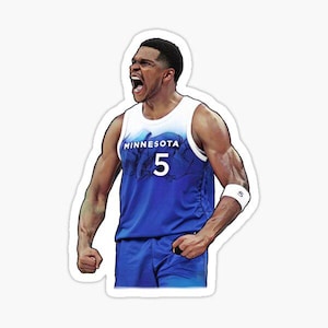 May include: A sticker featuring a basketball player in a blue and white jersey with the word "MINNESOTA" and the number "5". The player is yelling with his arms raised and fists clenched.